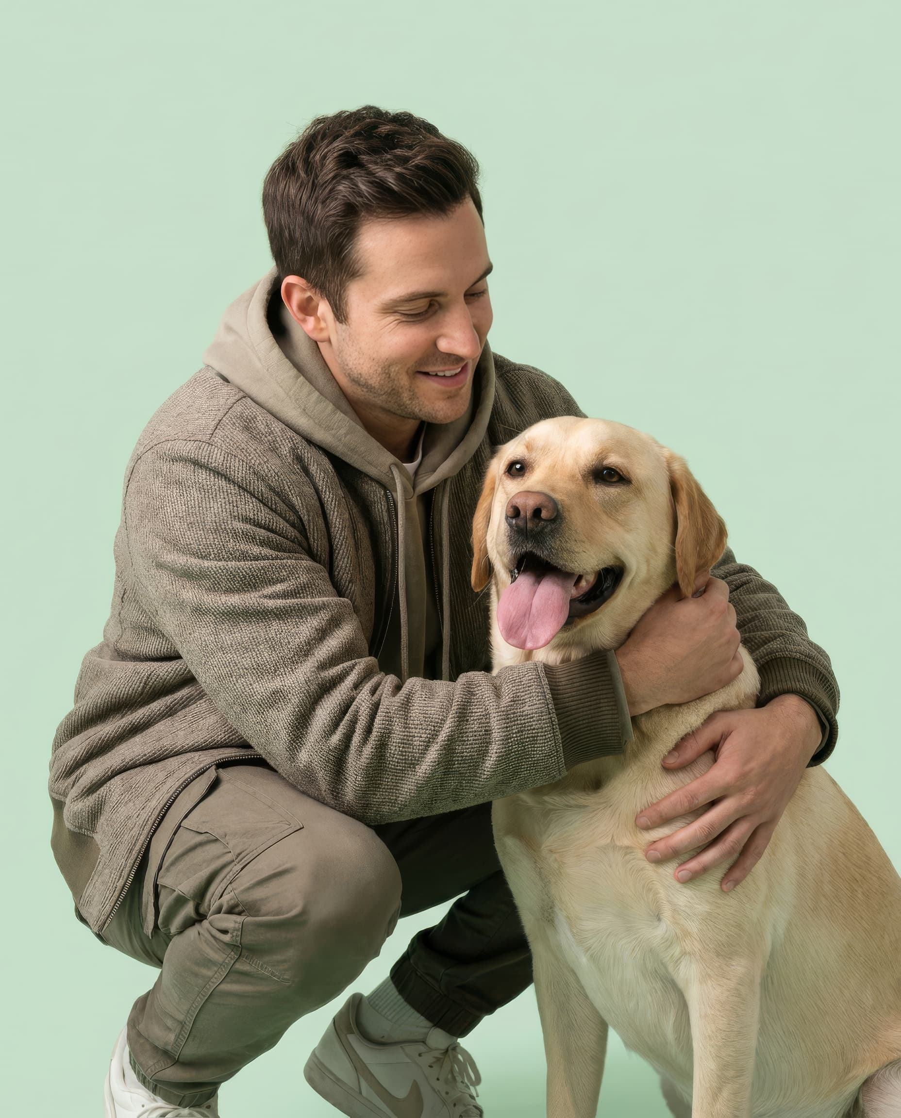 man hugging a yellow labrador retriever