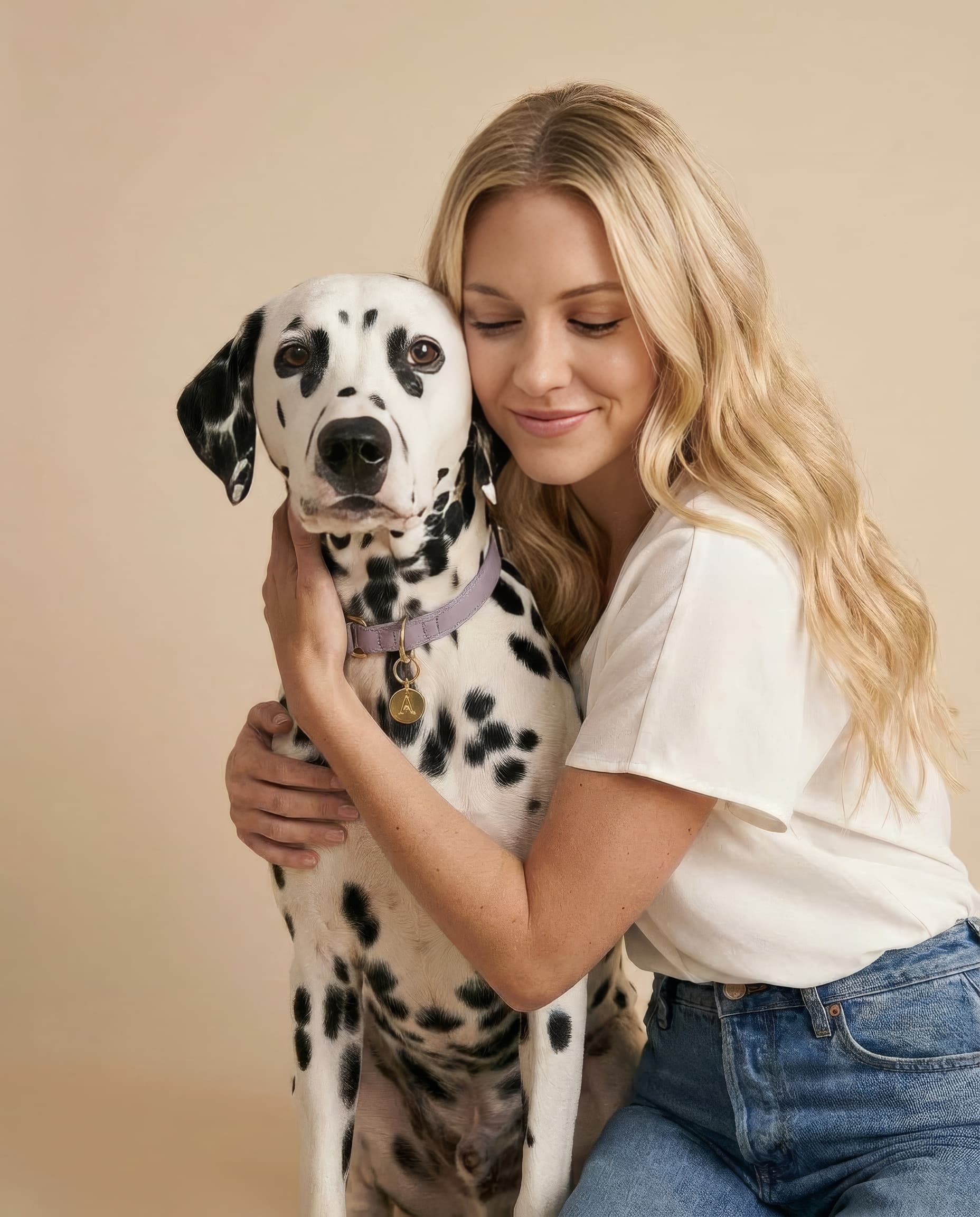 woman hugging a dalmatian