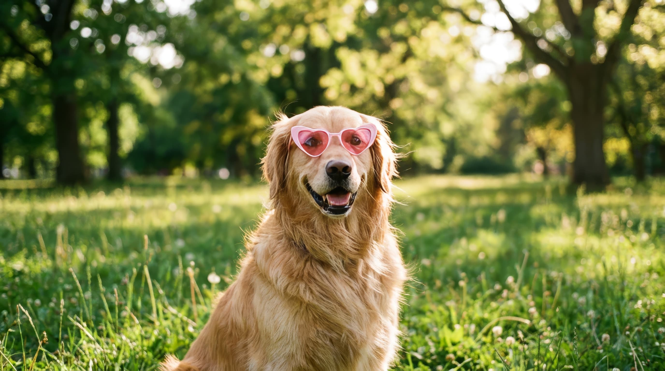golden retriever wearing pink heart-shaped sunglasses in a sunny park
